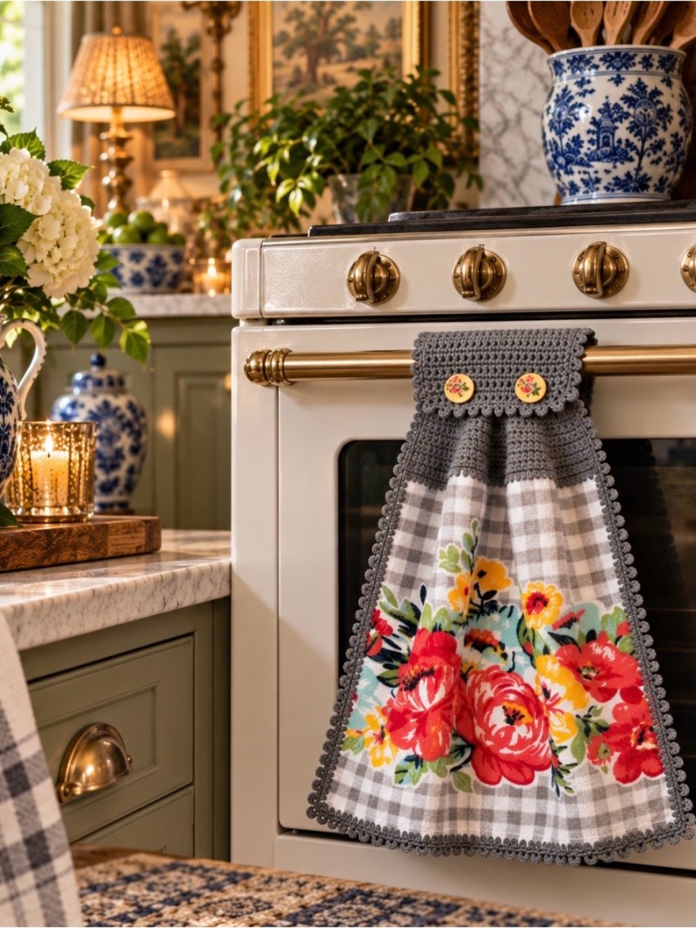 Handmade Crochet Pioneer Woman Hanging Kitchen Towel Gray Gingham Floral